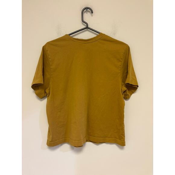 Adidas Mustard Tan T-Shirt Size S Logo Patch Streetwear Minimalist Casual Tee - Picture 3 of 5
